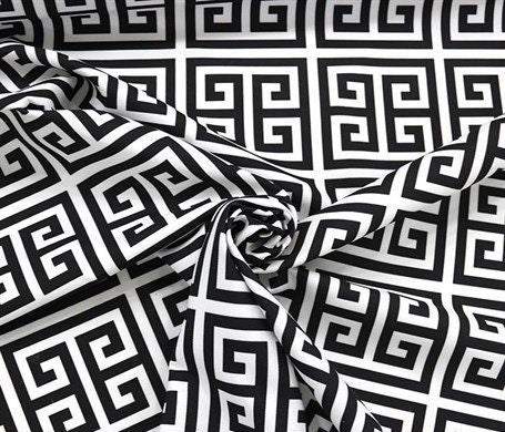 Black and white Greek key print upholstery fabric with durable weave and 150cm width for home decor projects
