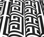 Black and white Greek key print upholstery fabric rolls with a classic geometric pattern