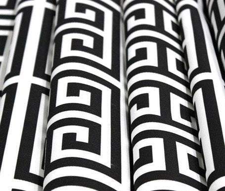 Black and white Greek key print upholstery fabric rolls with a classic geometric pattern