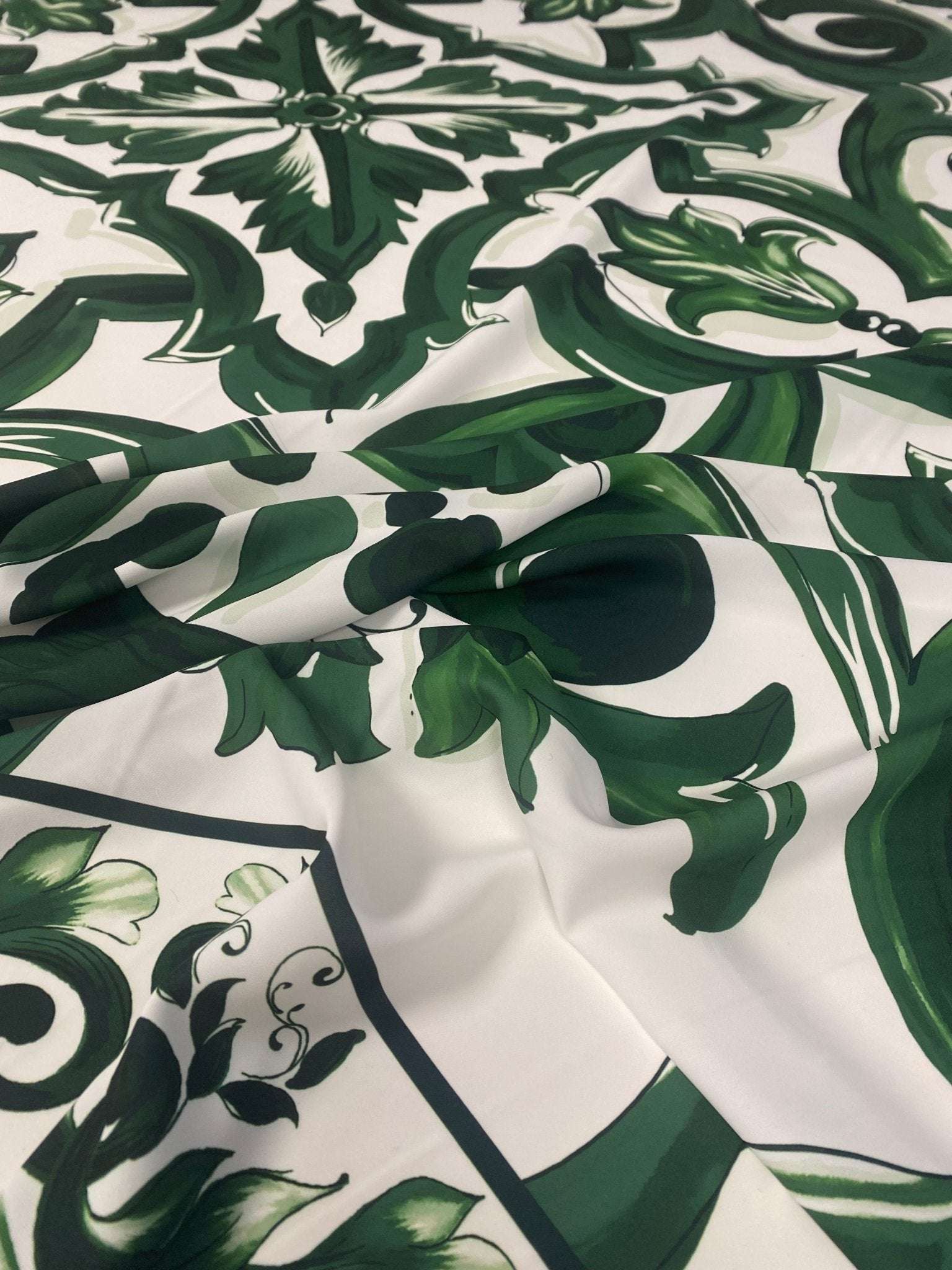 Green Baroque Floral Fabric with elegant green floral and baroque patterns on white background, ideal for upholstery and curtains