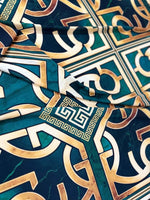 Green Gold Crepe silky fabric with stylish Greek Key pattern and smooth texture
