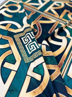 Green Gold crepe silky fabric with Greek Key pattern and smooth texture