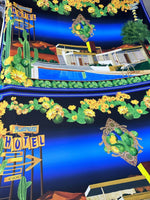 Palm Springs Retro Hotel print fabric featuring vintage motel and cactus design on vibrant blue background
