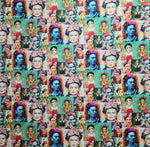 Colorful digital print upholstery fabric featuring repeated artistic portraits inspired by Frida Kahlo designs