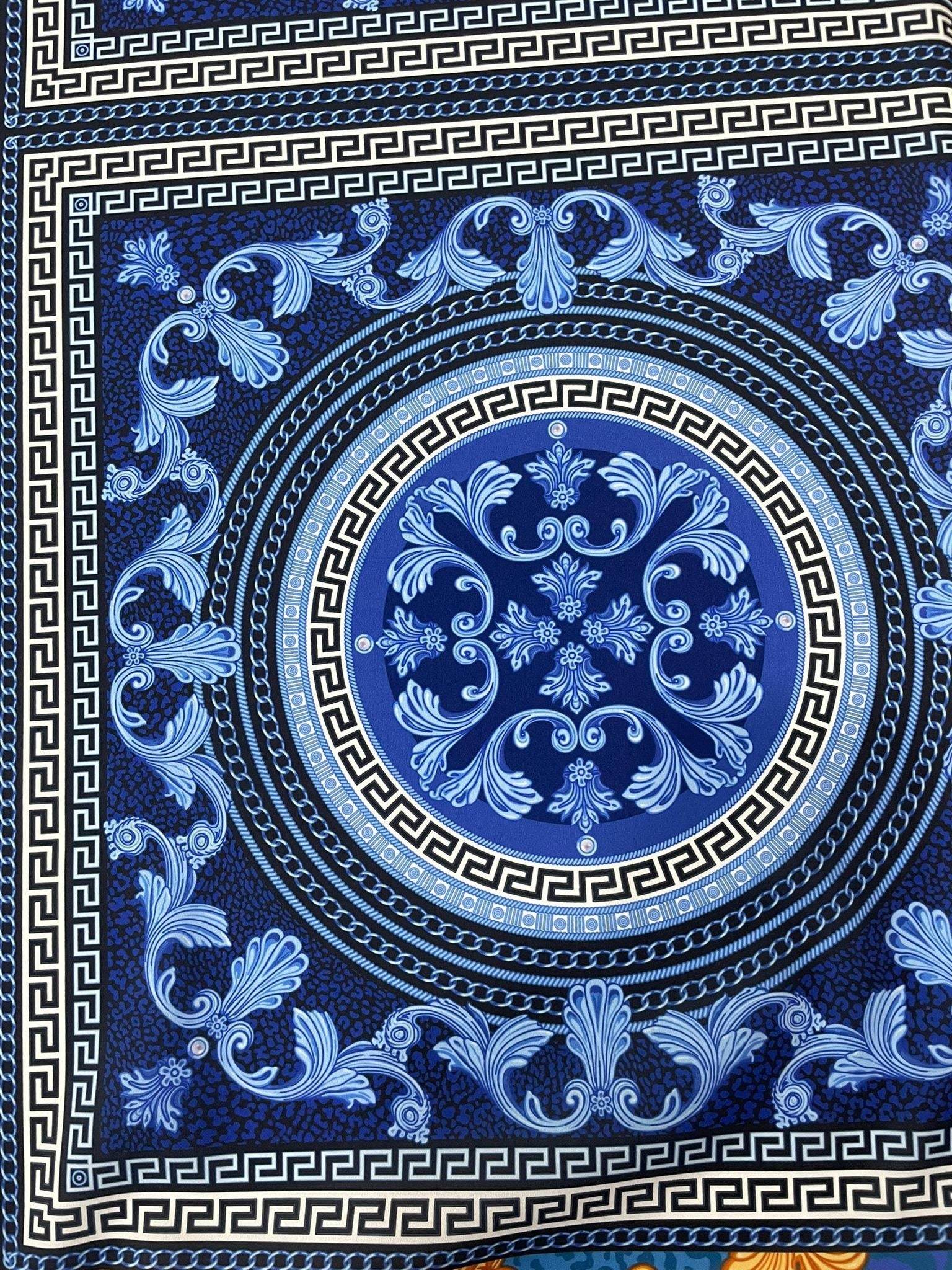 Navy blue Baroque fabric with Greek key and floral ornamental design