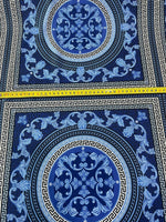 Navy blue baroque fabric with Greek key and floral patterns, 150cm width upholstery and drapery material