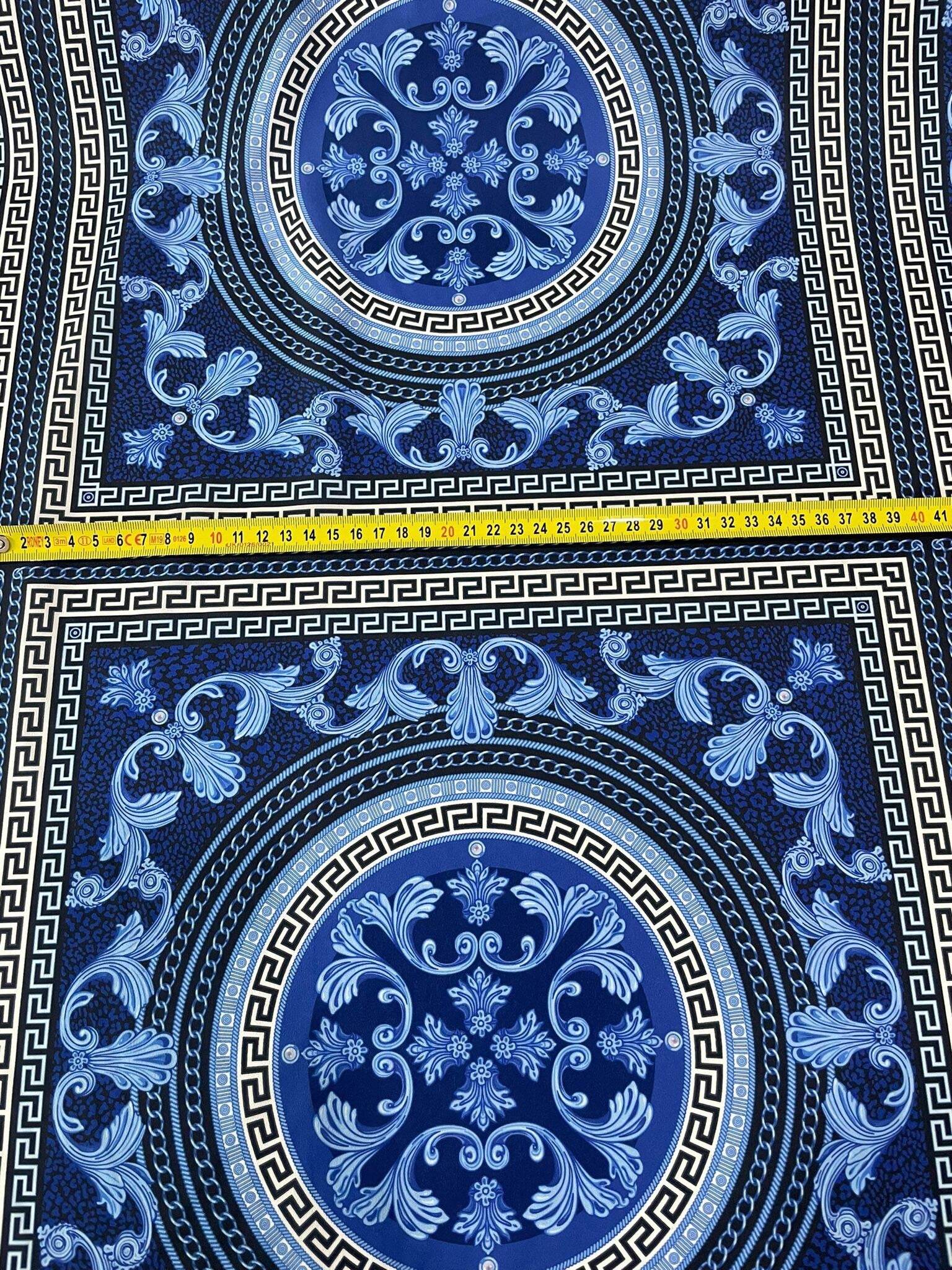 Navy blue baroque fabric with Greek key and floral patterns, 150cm width upholstery and drapery material