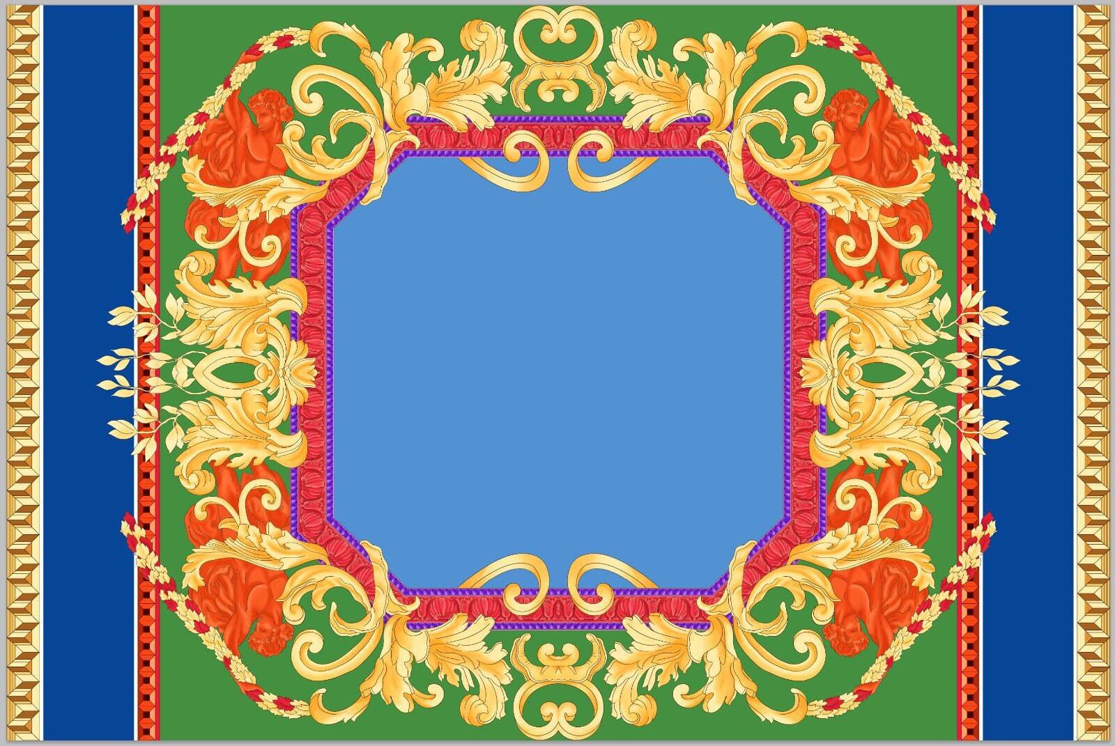 Baroque silky crepe fabric with ornate gold and red baroque pattern on blue and green background, 150cm width textile design