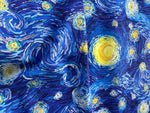 Van Gogh Inspired Fabric featuring vibrant Starry Night design in blue and yellow tones for sewing and quilting projects