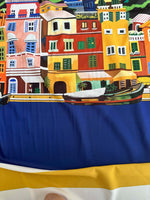 Italy City Pattern Fabric featuring colorful Portofino coastal buildings on a 150cm wide panel