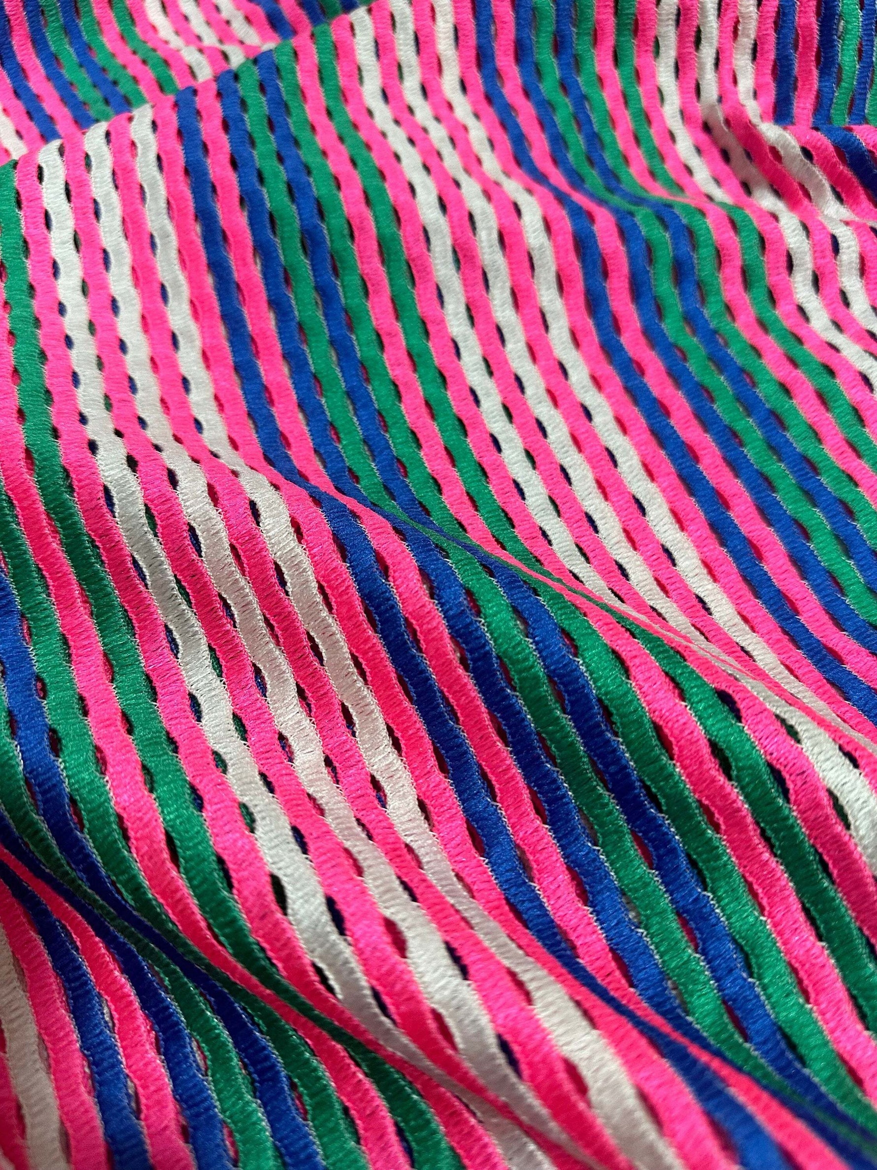 pink striped knit jersey fabric with soft mesh texture and vibrant multicolor stripes