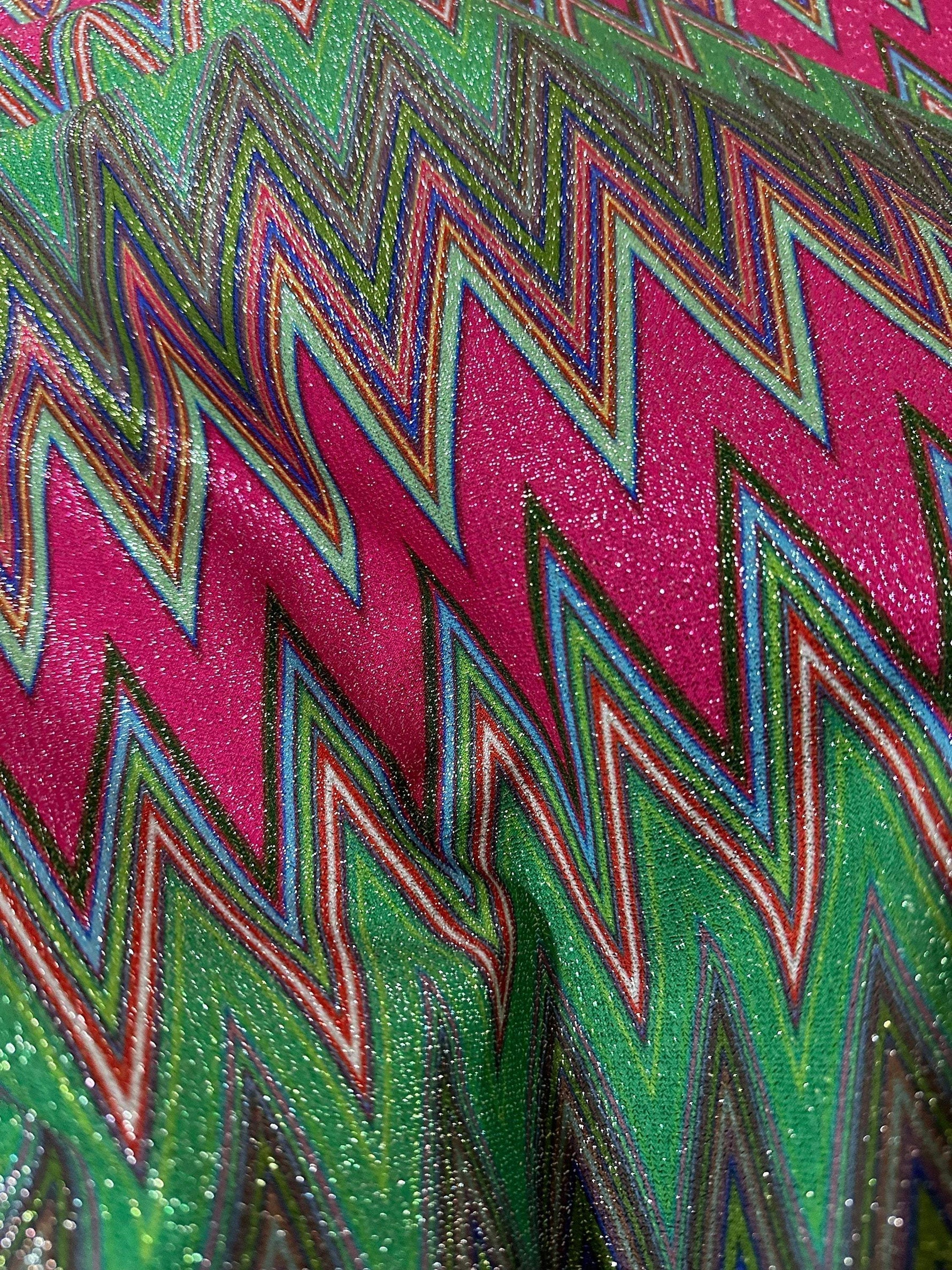 Pink zigzag knit lurex fabric with shimmering polyester and 4-way stretch for versatile fashion and craft projects