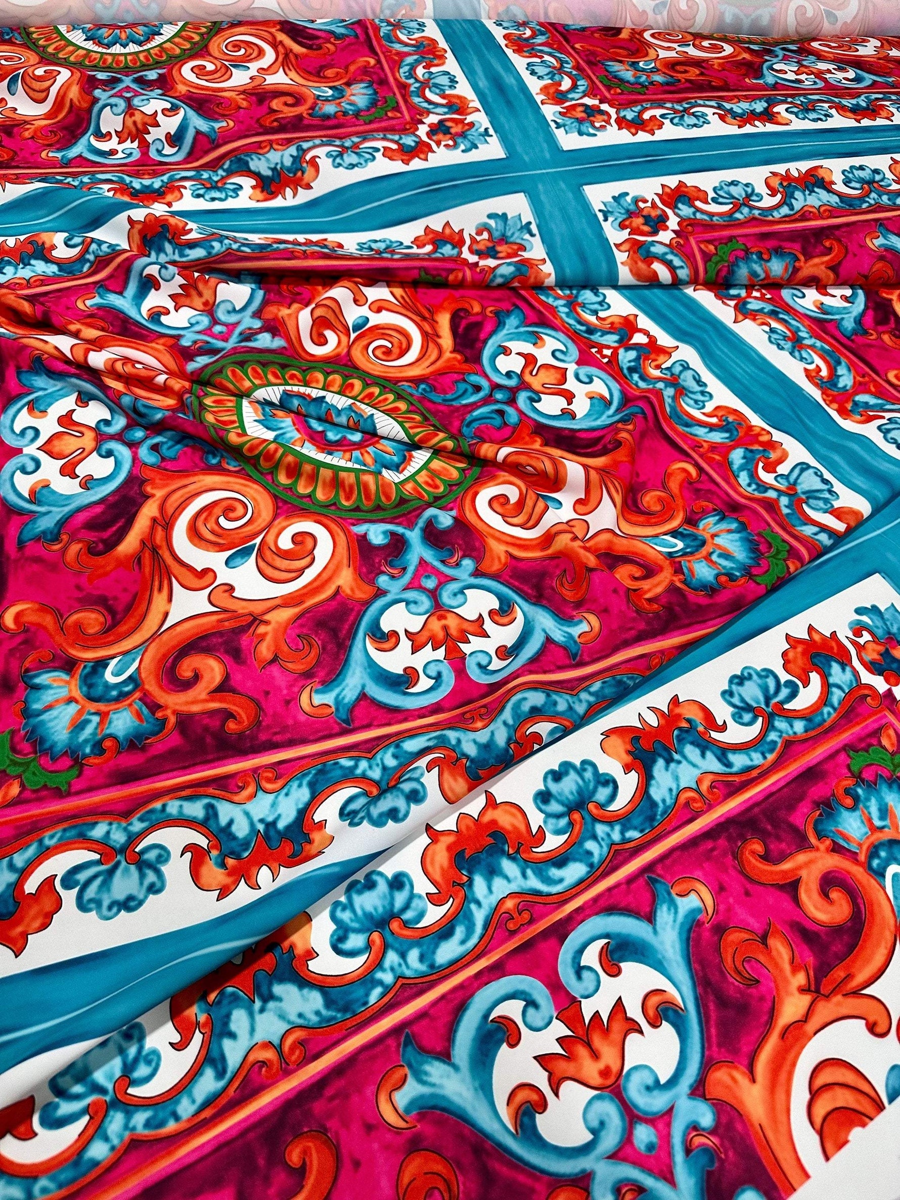 Vibrant Sicilian Caretto Pattern Fabric with colorful Italian design for upholstery and crafts