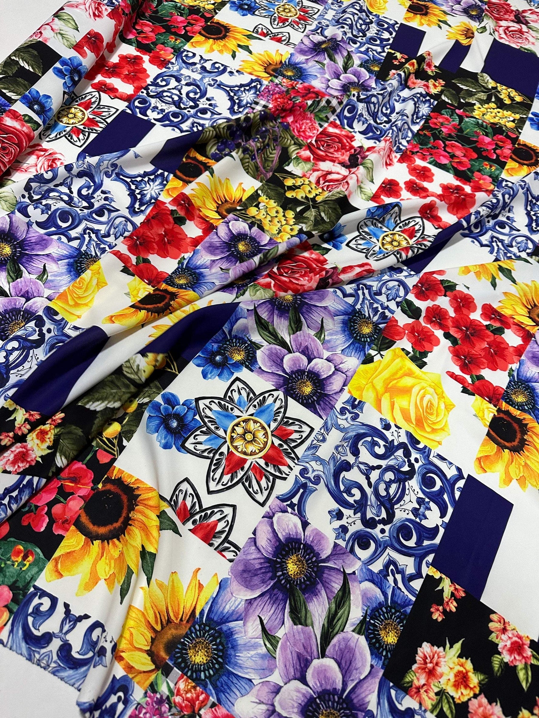 Colorful Majolica pattern fabric with vibrant floral and traditional tile designs in blue, red, yellow, and purple tones