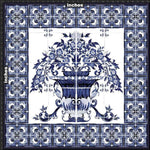 Majolica floral upholstery fabric with blue and white intricate floral vase pattern and decorative border design