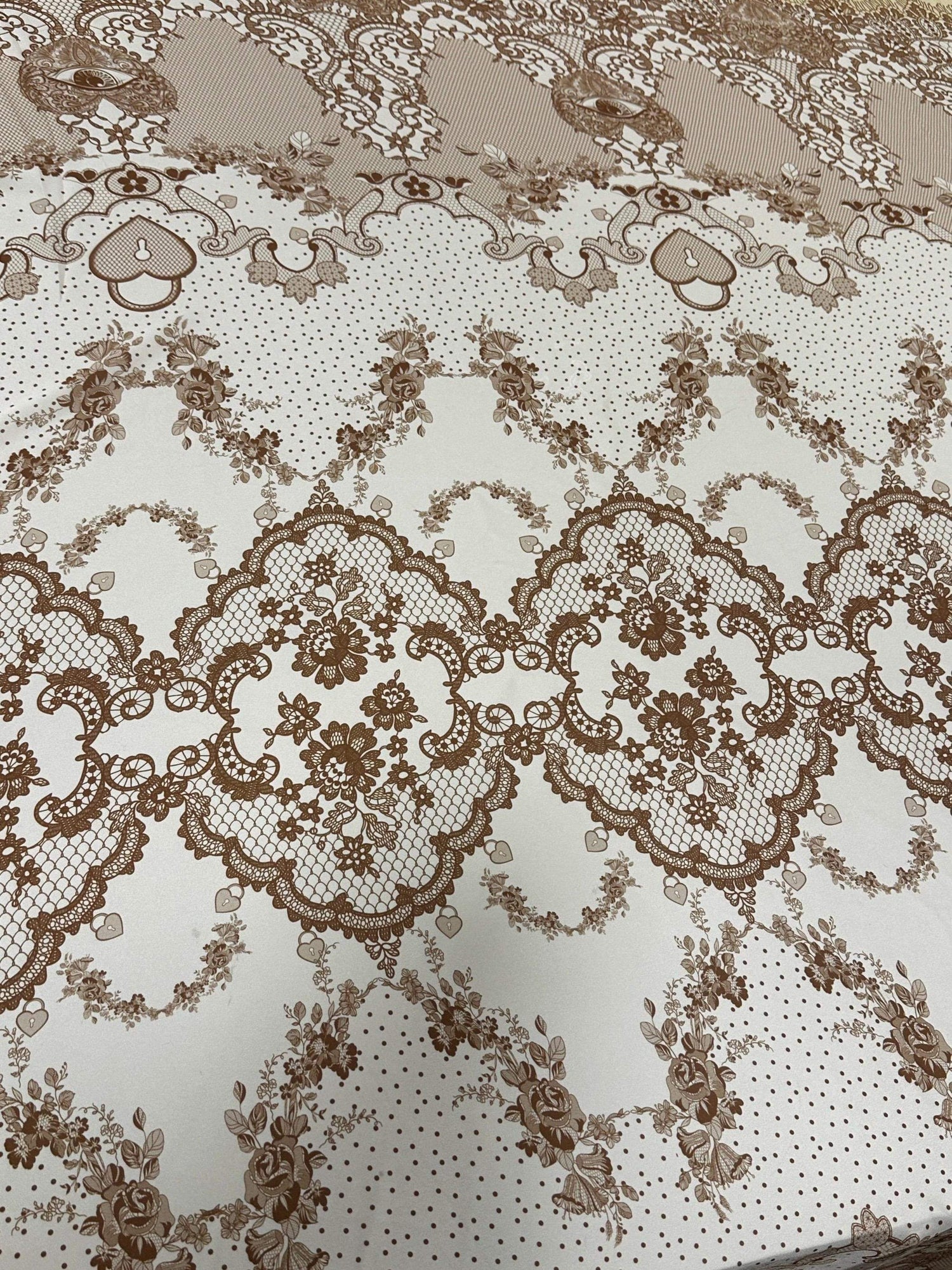 Vintage floral lace fabric in brown with intricate floral and heart patterns, 150cm width, ideal for sewing and crafting projects
