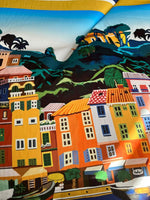 Italy City Pattern Fabric with colorful Portofino coastal city buildings and landscape design, 150 cm wide panel