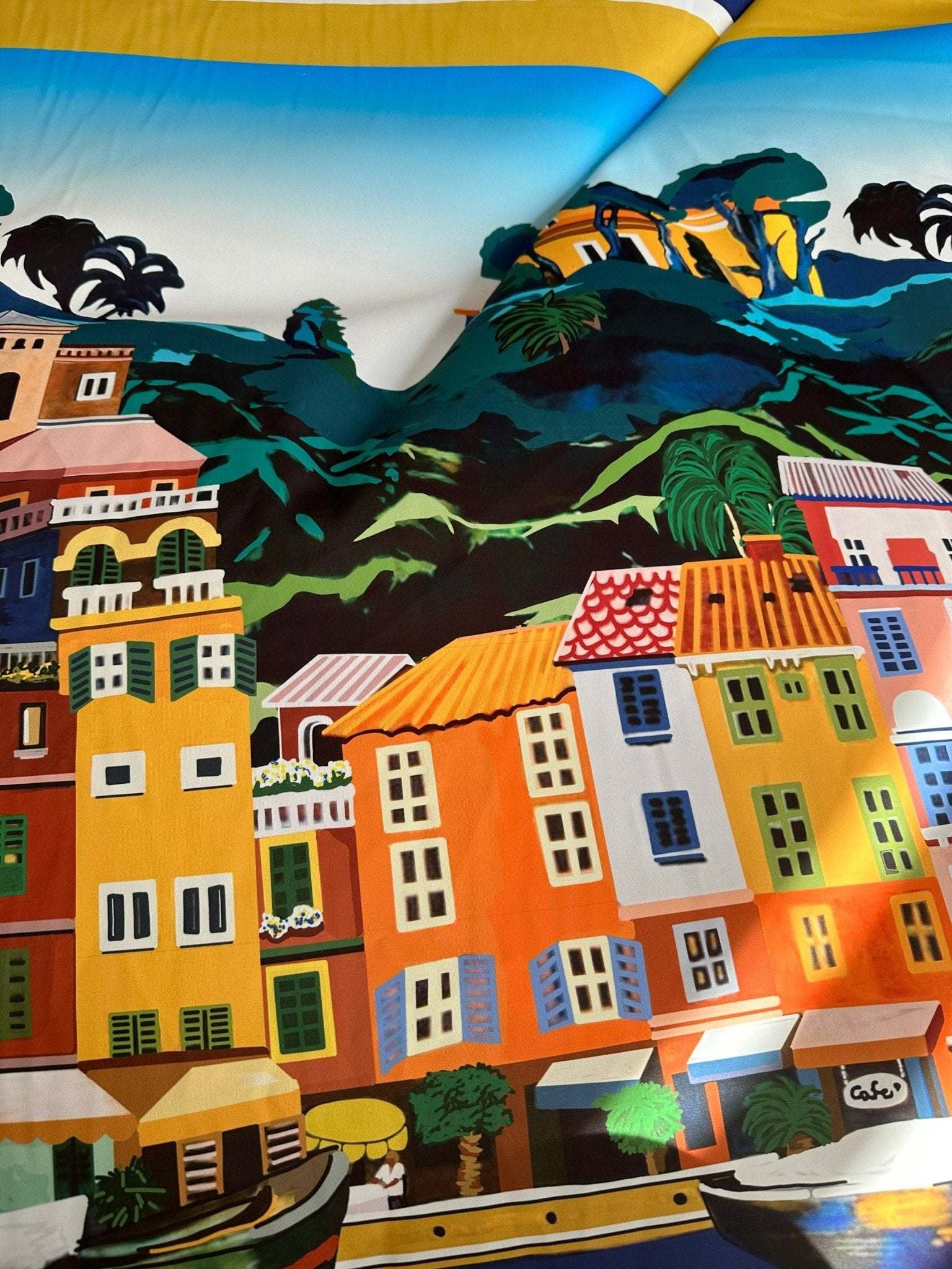 Italy City Pattern Fabric with colorful Portofino coastal city buildings and landscape design, 150 cm wide panel