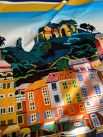 Colorful Italy City Pattern Fabric featuring Portofino coastal town design in vibrant shades, 150cm wide panel