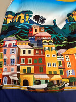 Italy City Pattern Fabric featuring colorful Portofino coastal city design with buildings and boat on 150cm wide fabric panel