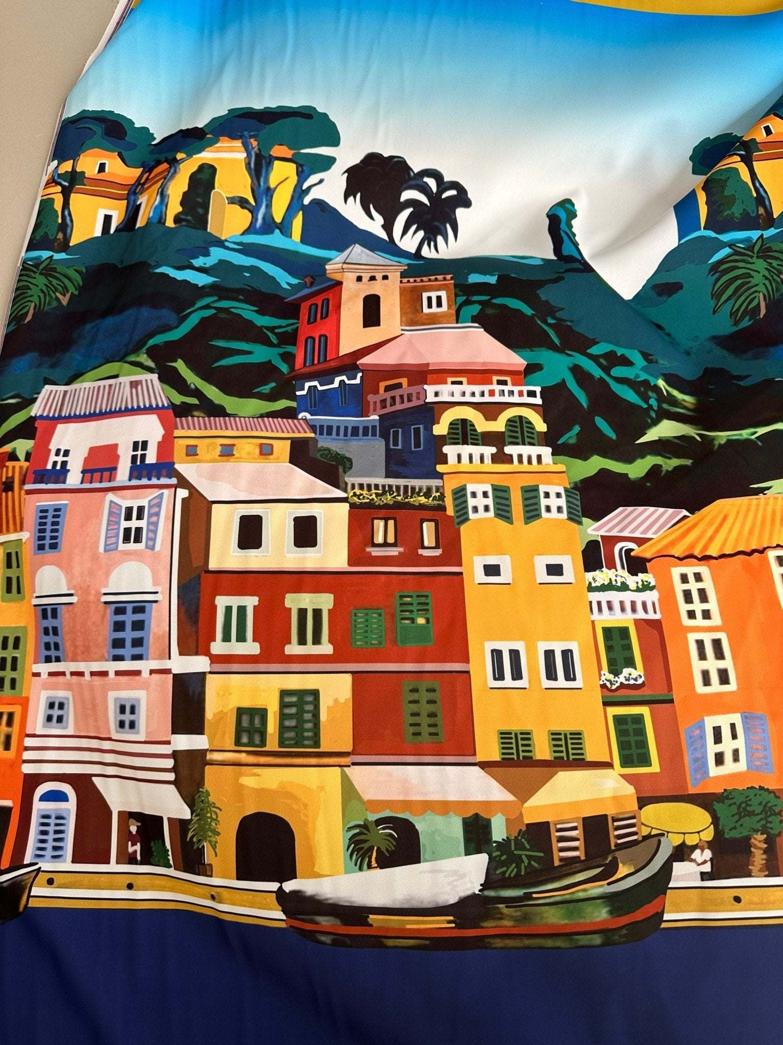 Italy City Pattern Fabric featuring colorful Portofino coastal city design with buildings and boat on 150cm wide fabric panel