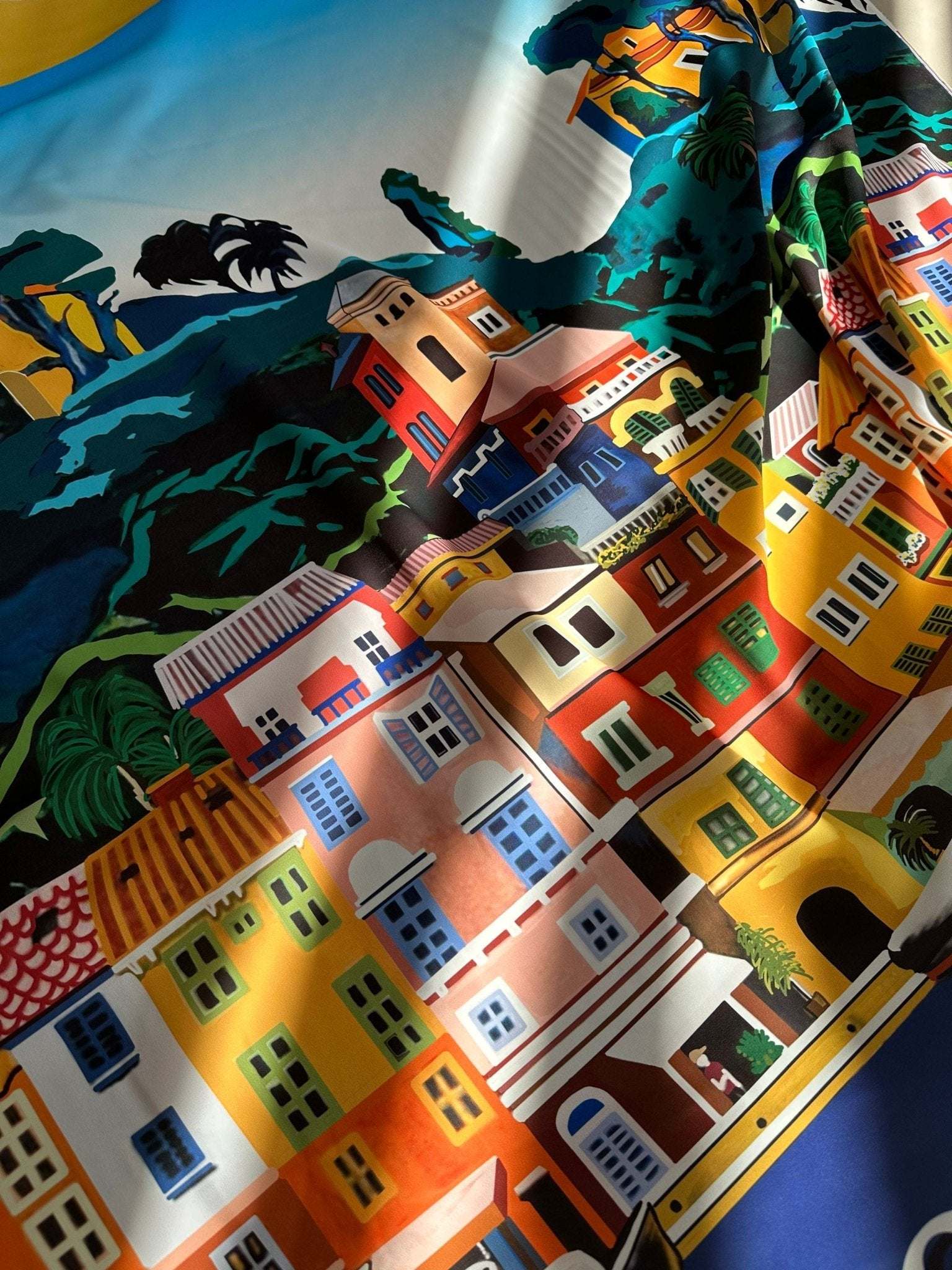 Italy City Pattern Fabric featuring colorful Portofino coastal city design in vibrant hues on soft fabric panel measuring 150cm width