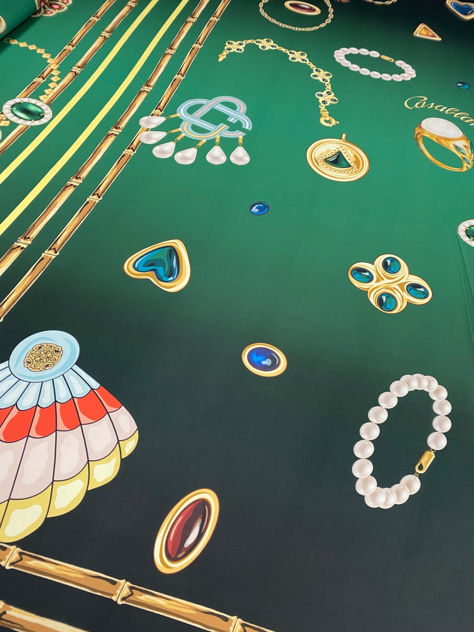 Jewellery Print Crepe Fabric by the Metre – Emerald Green Gold Motifs - Whotex Online Fabric Store