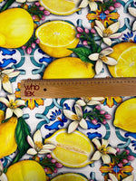 Lemon Blue Spanish Pattern Fabric with vibrant lemons, flowers, and intricate blue designs on 150cm wide fabric