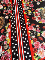 Floral print fabric with vibrant flowers and black, red, and white polka dot stripes, 150cm wide, soft and durable material for sewing projects