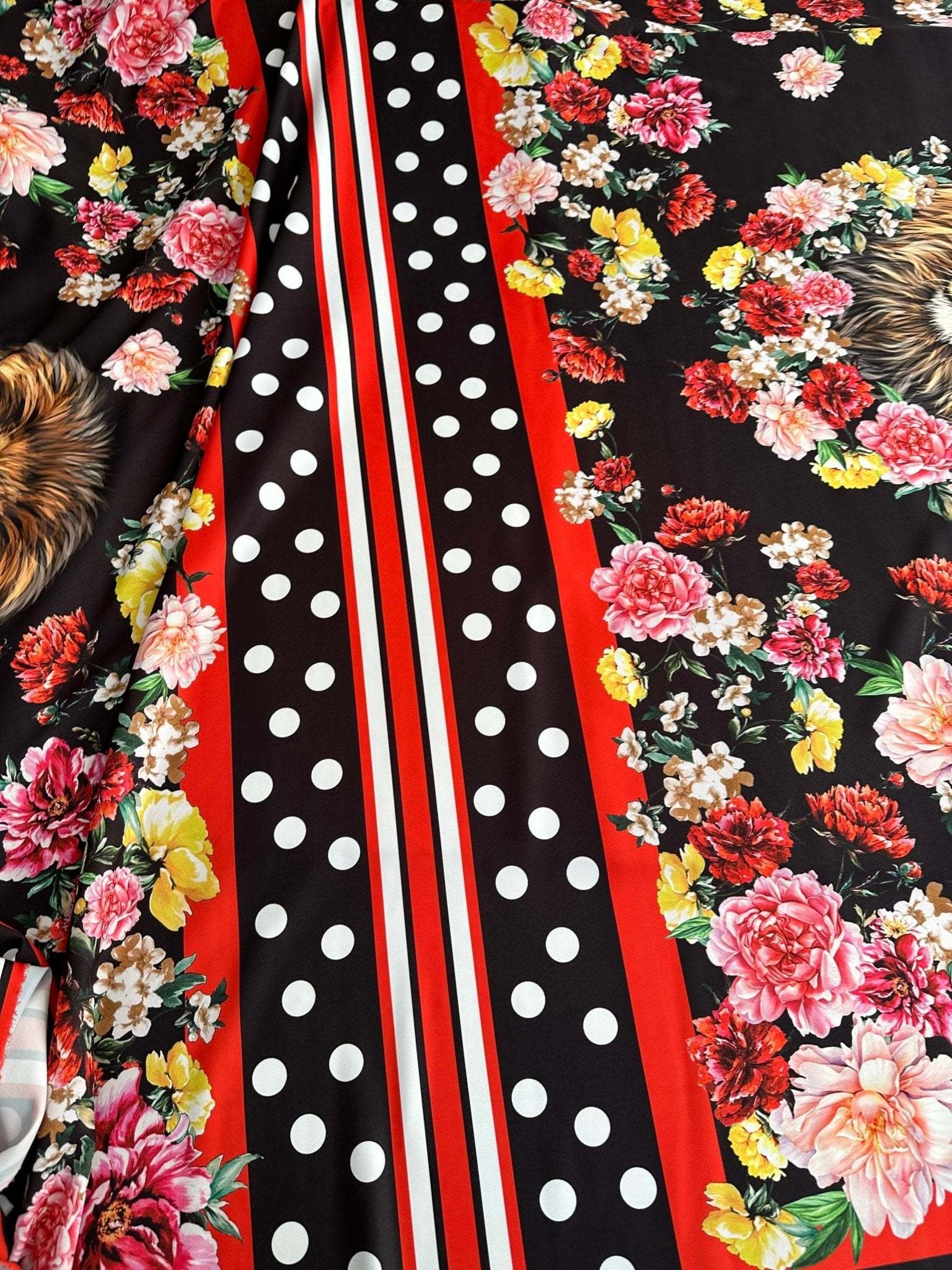 Floral print fabric with vibrant flowers and black, red, and white polka dot stripes, 150cm wide, soft and durable material for sewing projects
