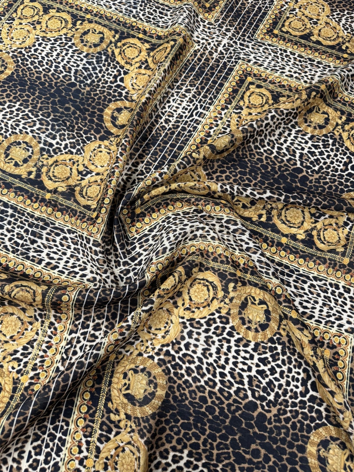 Leopard Gold Baroque Patterned Crepe Fabric – Custom Printed Fabric, Choose Material by Metre - Whotex Fabrics London