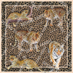 Leopard print crepe fabric with detailed leopard and tiger design on a spotted background, 150cm width, lightweight and soft texture