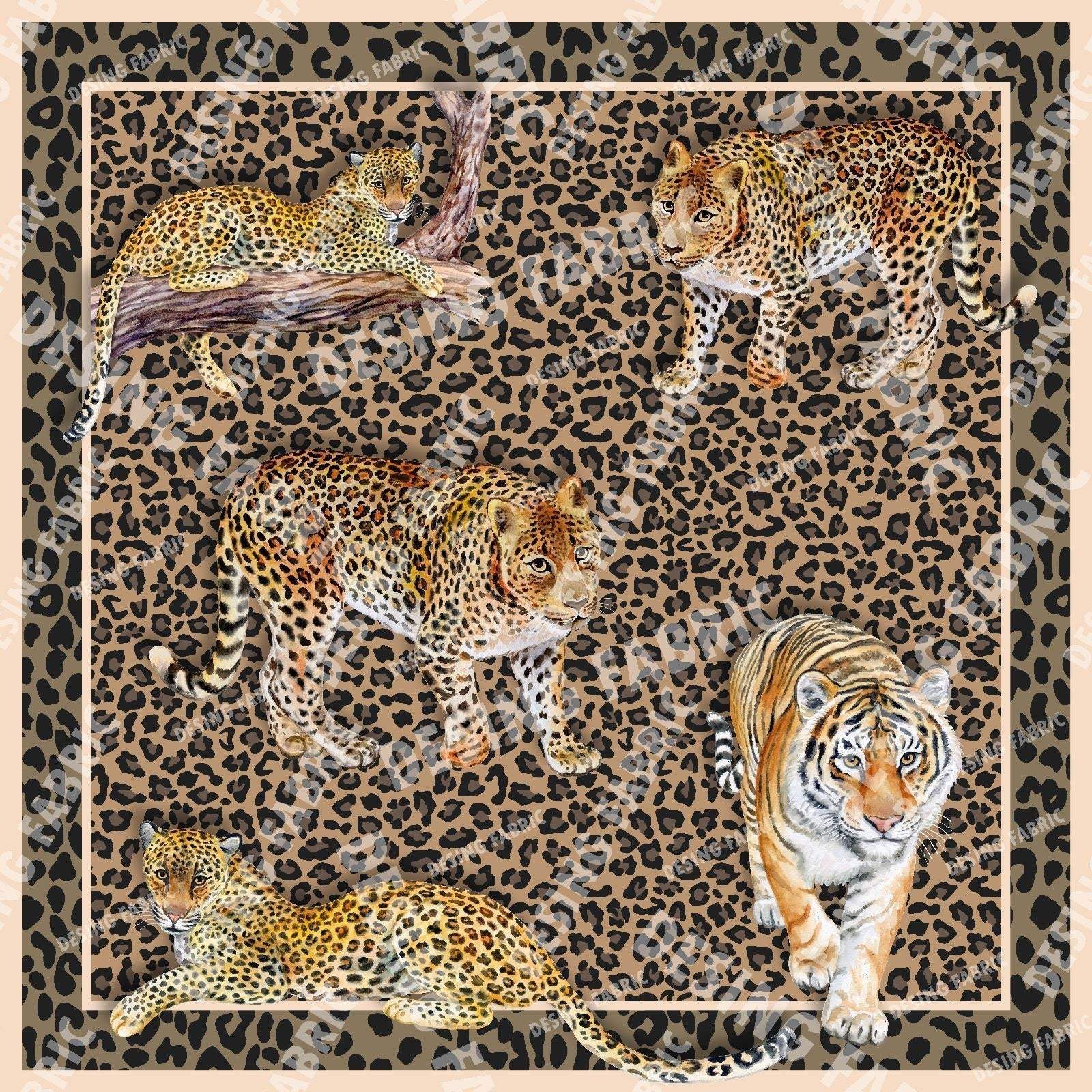 Leopard print crepe fabric with detailed leopard and tiger design on a spotted background, 150cm width, lightweight and soft texture