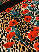Leopard poppy flower silky crepe fabric with vibrant red poppies and leopard print pattern