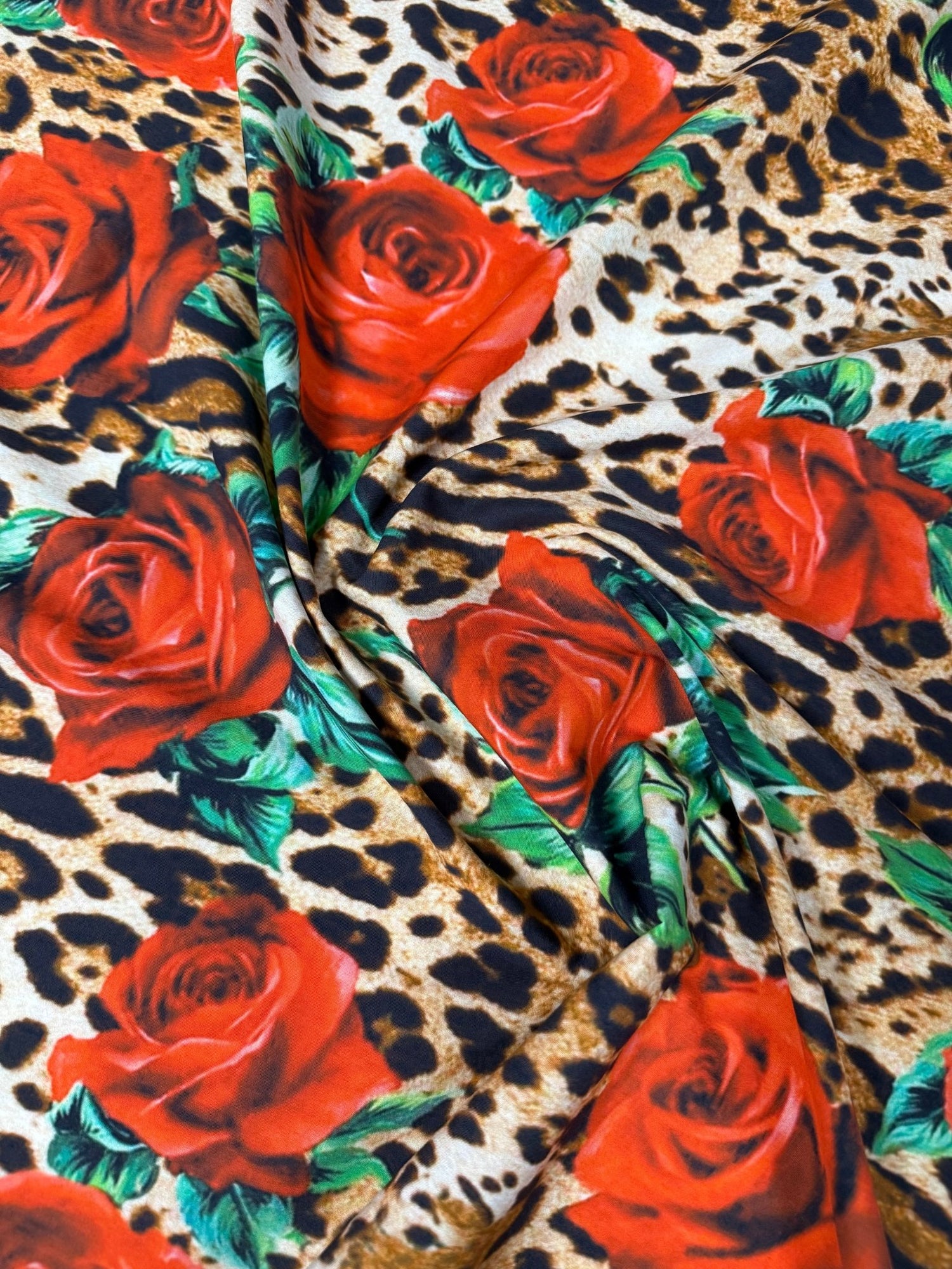 Leopard & Red Rose Organic Cotton Poplin Fabric by the Metre - Whotex Fabrics London