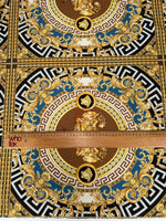 Gold and blue ornate pattern luxury Baroque design fabric with intricate gold detailing and classical motifs