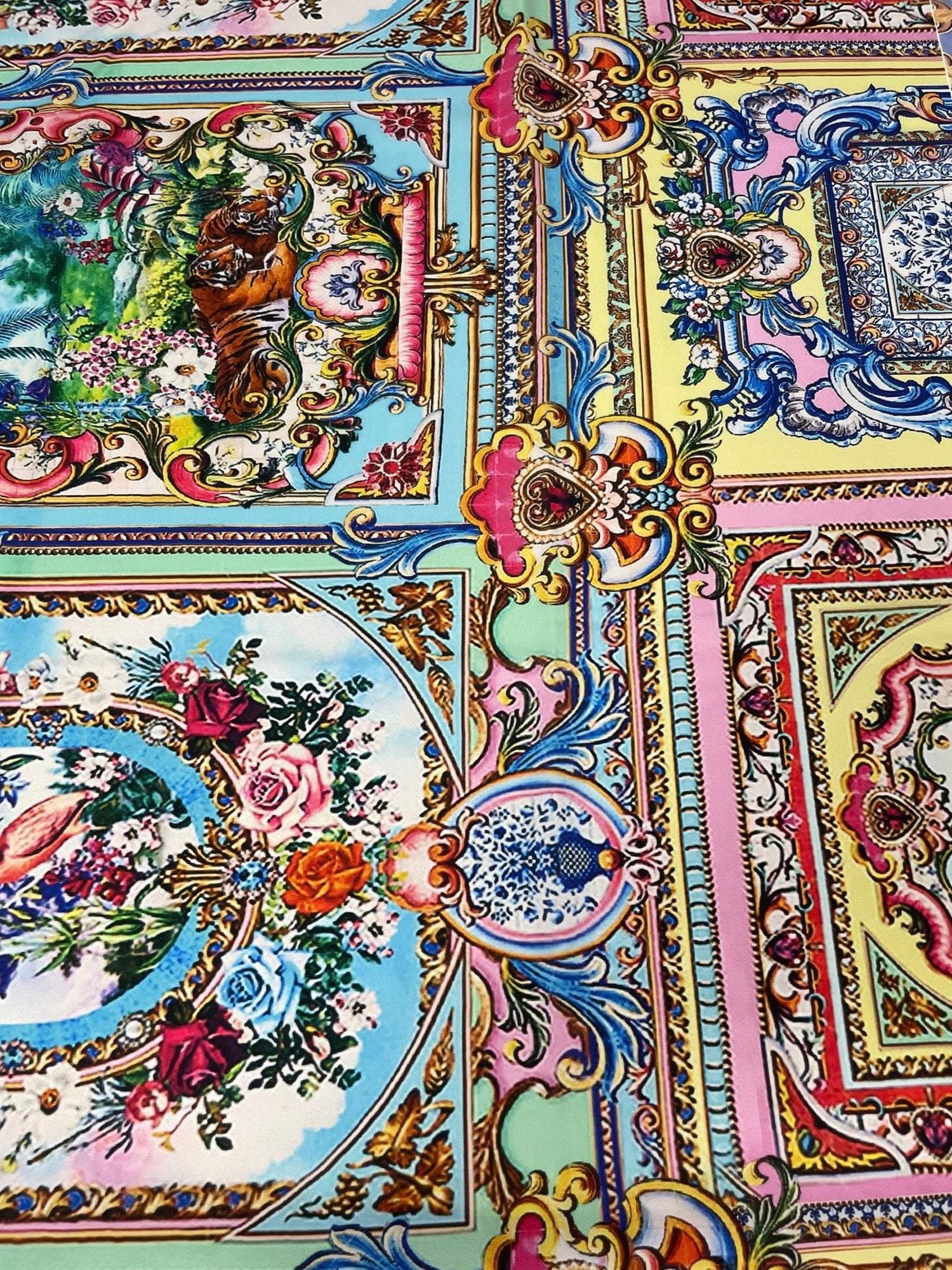 Multicolor Luxury Baroque Fabric with floral and tiger ornamental print and intricate baroque patterns