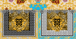 Luxury Baroque leopard print fabric with gold ornamental designs and black and white polka dot borders in vibrant colors