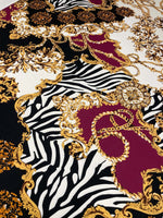 Luxury Baroque Zebra Chain Fabric with burgundy, gold Baroque and zebra stripe pattern on soft material