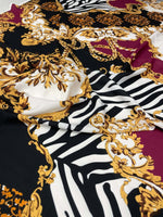 Luxury Baroque Zebra Chain Fabric with burgundy, gold Baroque patterns and zebra stripes on soft material