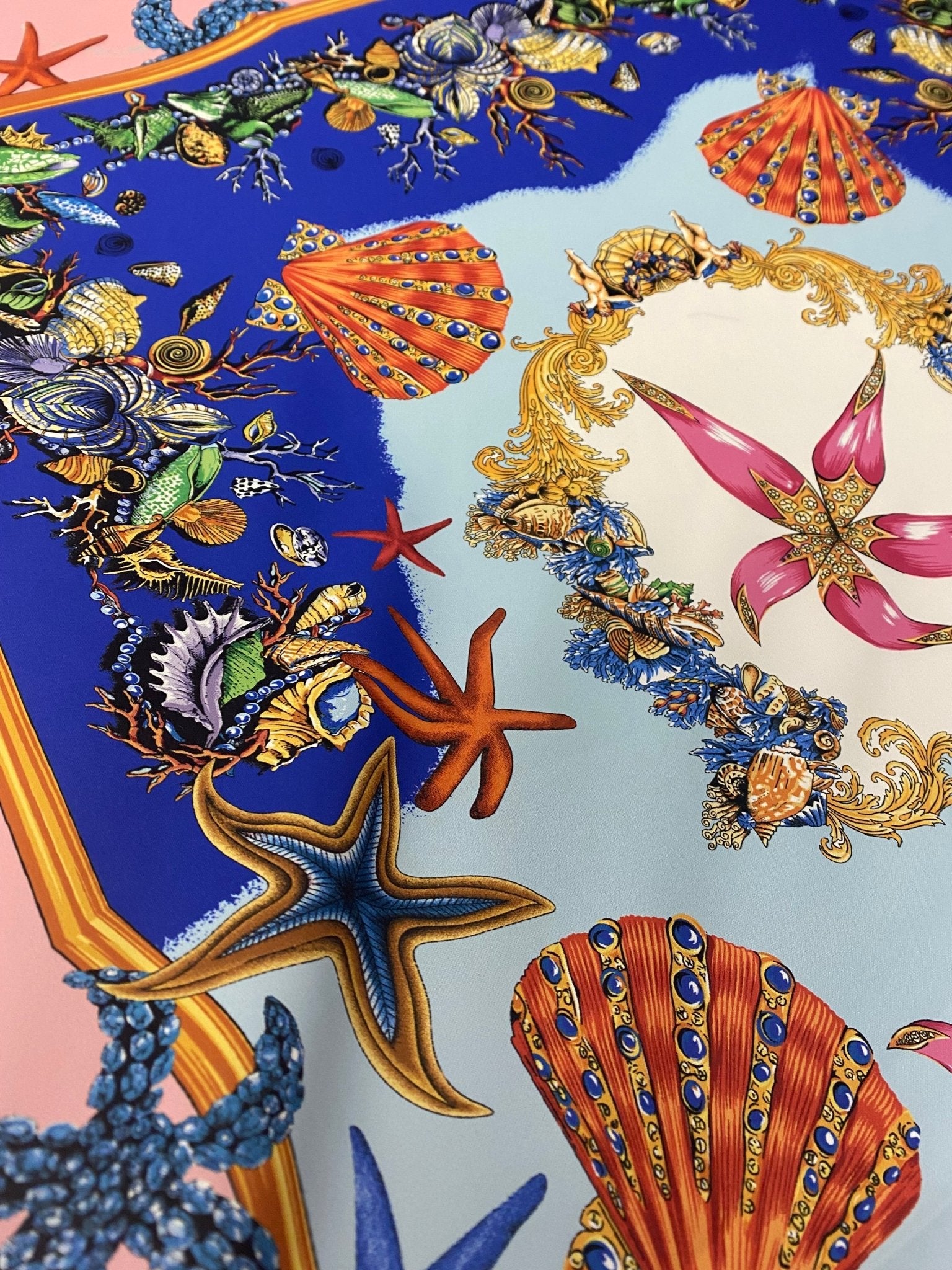 Luxury Crepe Fabric by the Metre – Starfish & Seashell Print - Whotex Online Fabric Store