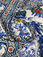 Majolica Mosaic Pattern Italian tile fabric with intricate blue, red, green floral and geometric designs, ideal for upholstery and decor.