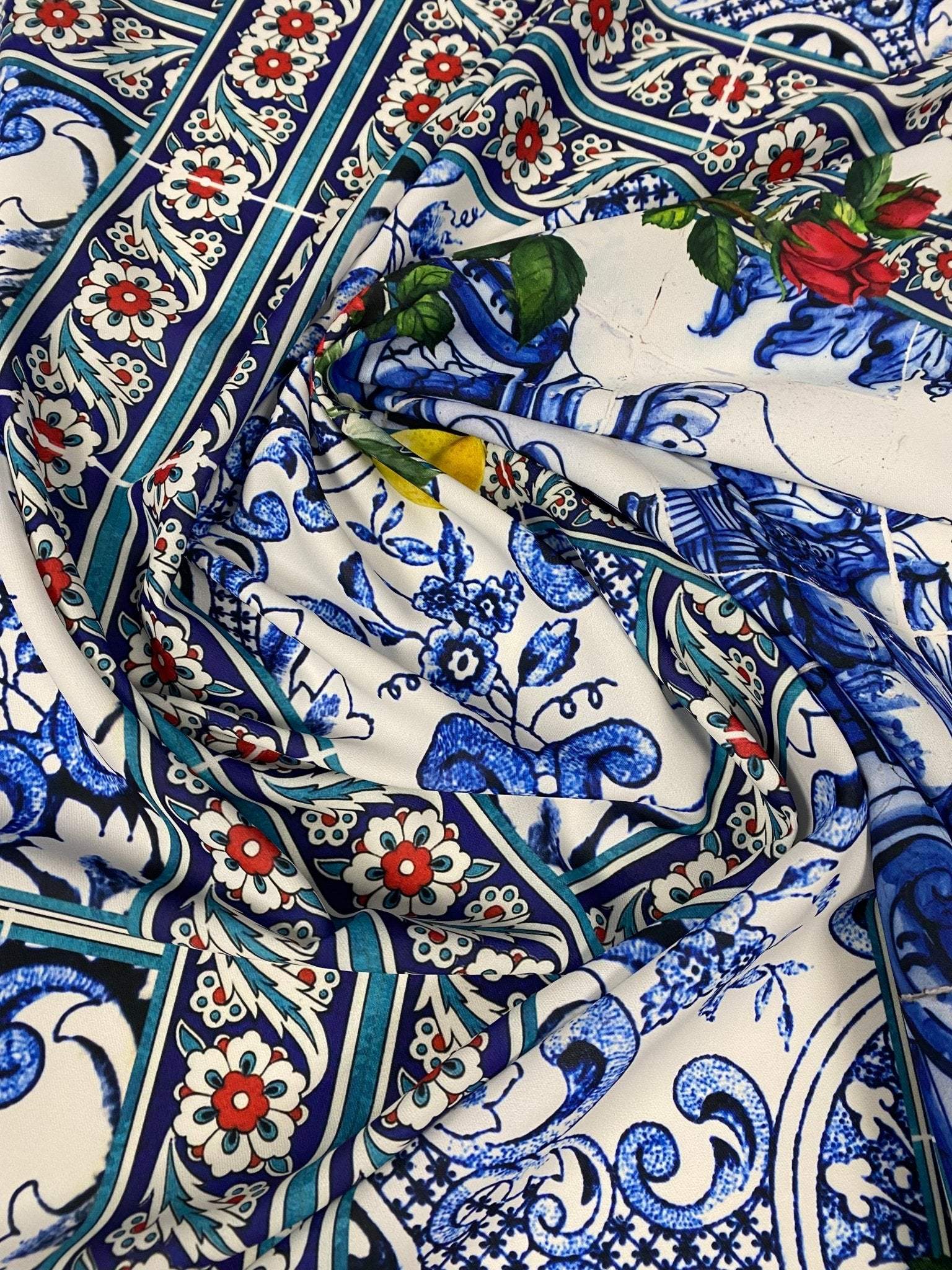 Majolica Mosaic Pattern Italian tile fabric with intricate blue, red, green floral and geometric designs, ideal for upholstery and decor.