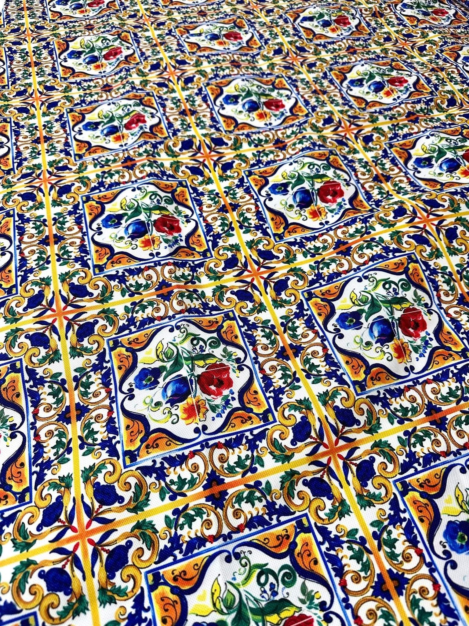 Majolica Pattern Luxury Fabric with intricate colorful floral and geometric digital print design on high-quality durable material