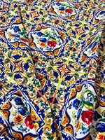 Majolica Pattern Luxury Fabric with colorful floral and geometric digital print design for elegant home decor