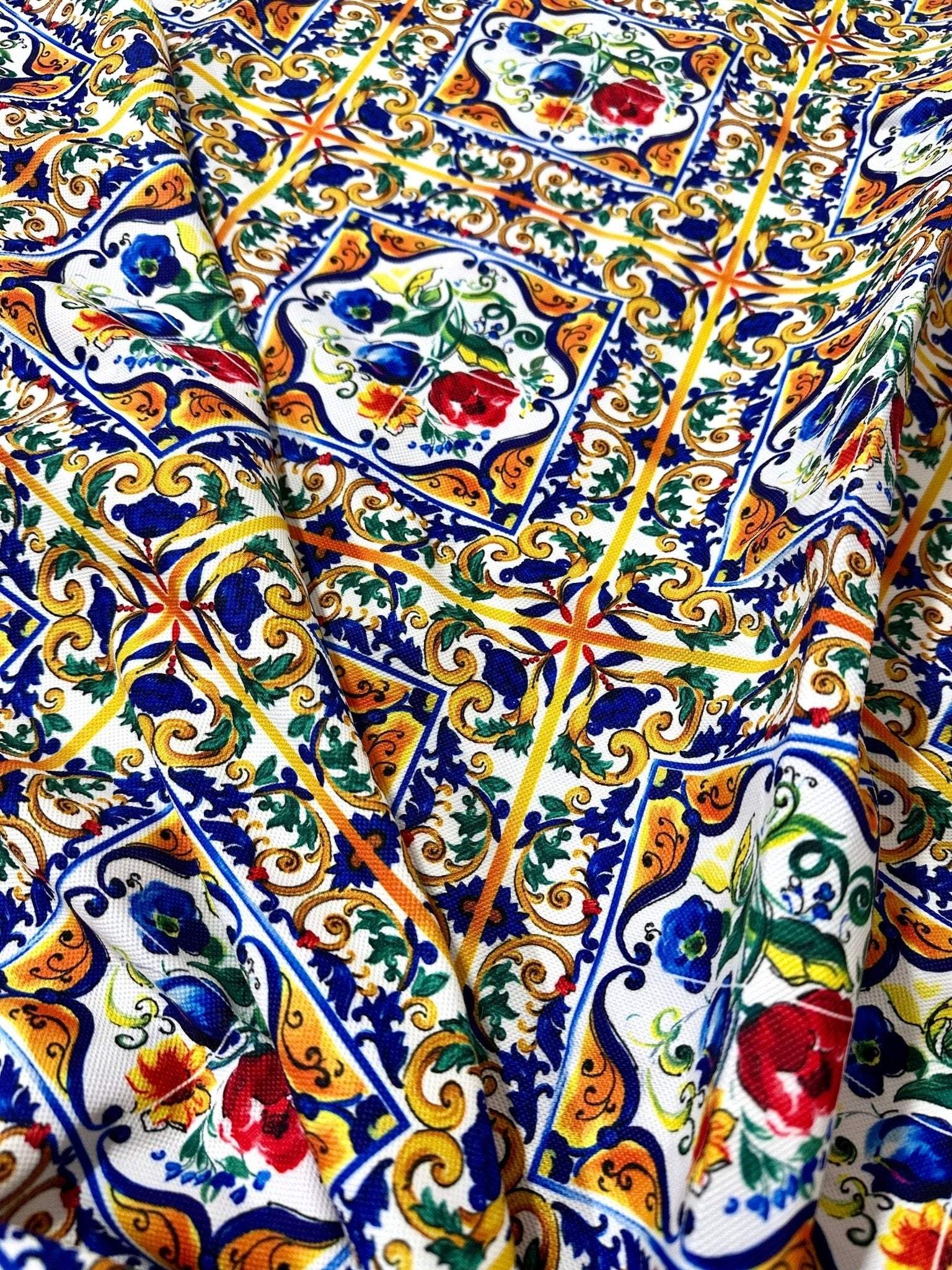 Majolica Pattern Luxury Fabric with colorful floral and geometric digital print design for elegant home decor