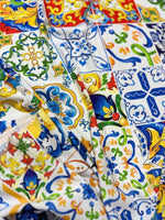 Colorful Majolica pattern fabric with intricate floral and geometric designs, 150cm wide, ideal for sewing crafts