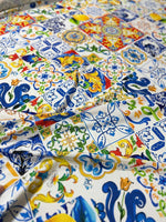 Colorful Majolica pattern fabric with intricate tile designs for sewing crafts, 150cm wide
