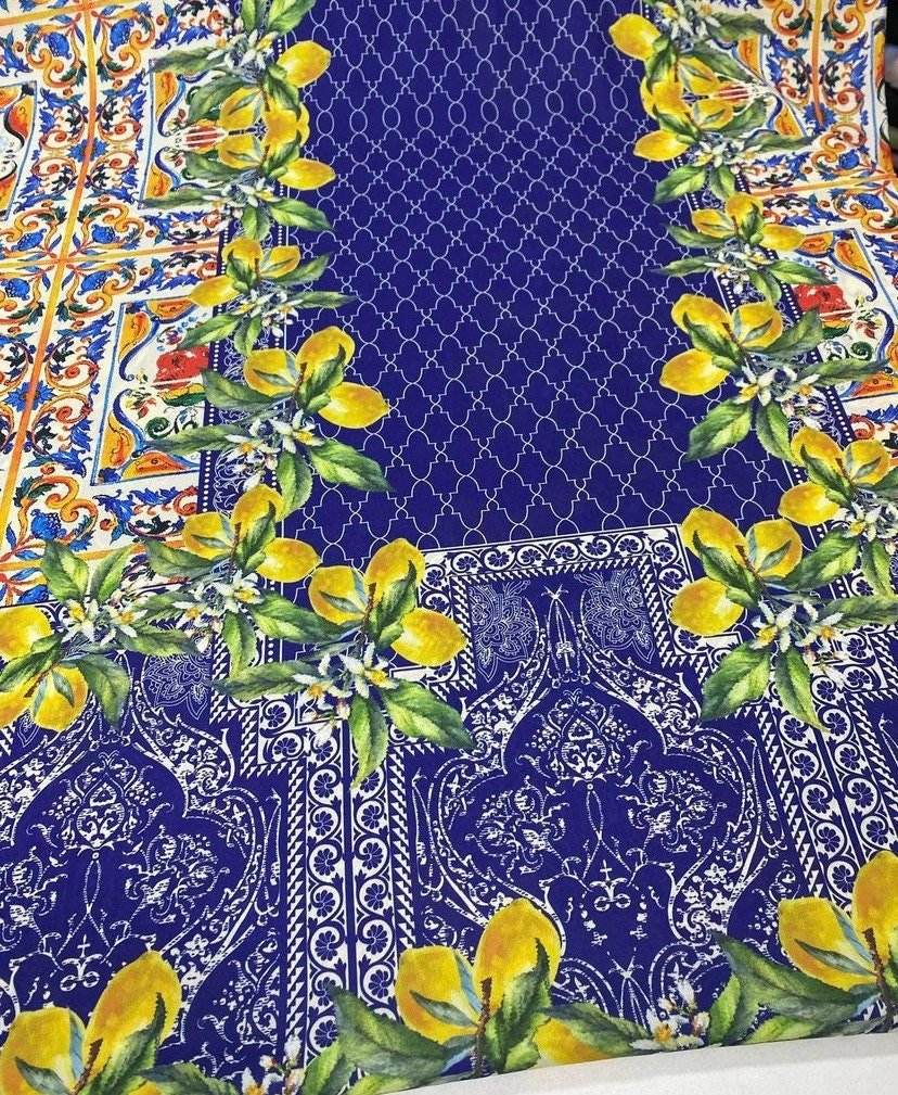 Majolica Lemon Pattern Fabric with vibrant yellow lemons and intricate blue and orange designs on 150cm wide fabric
