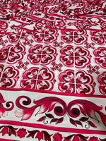 Pink Sicilian Majolica pattern fabric with intricate tile-inspired and floral designs